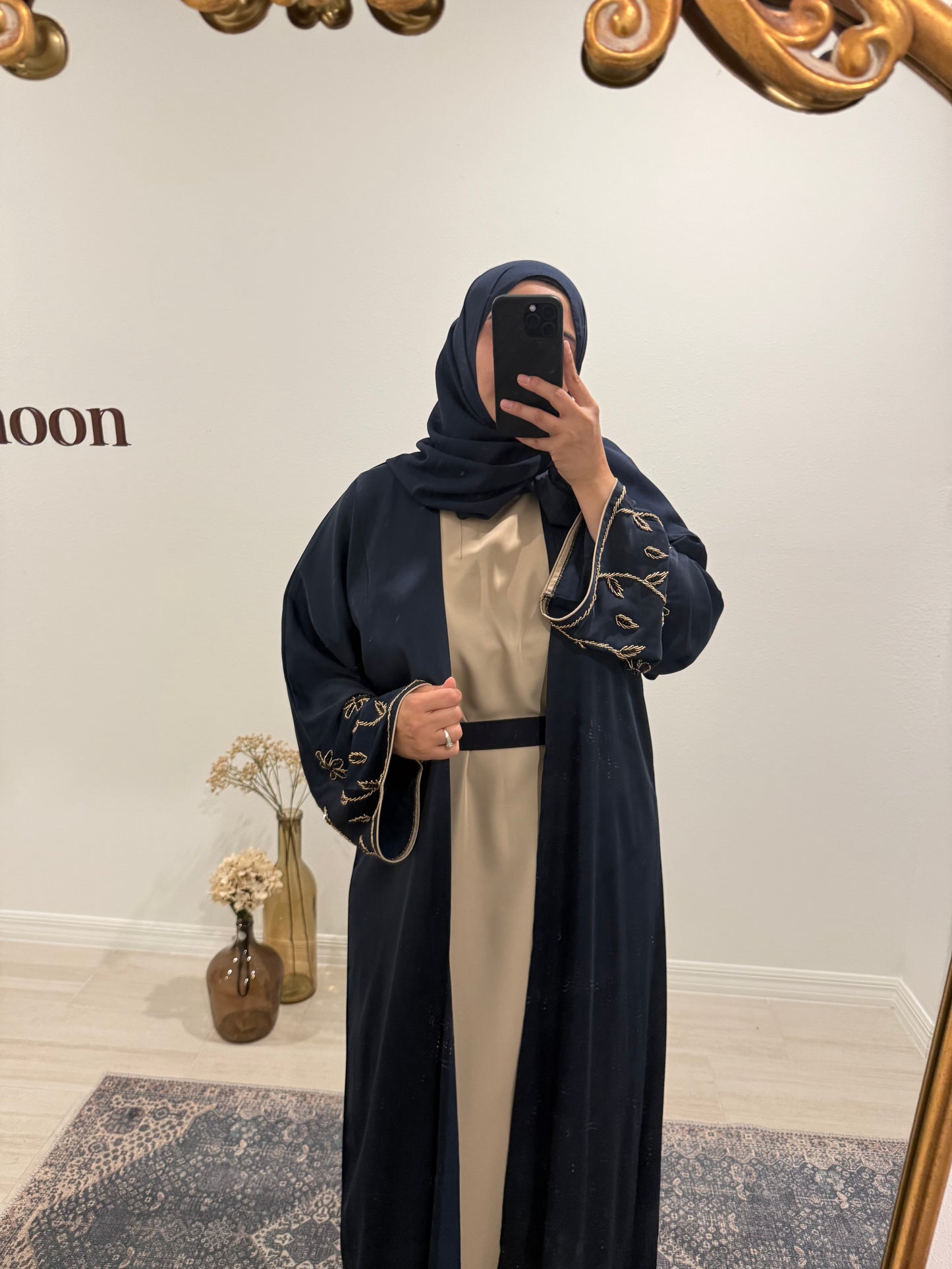Satin Navy 2 Piece Abaya with Flowers on Sleeves.
