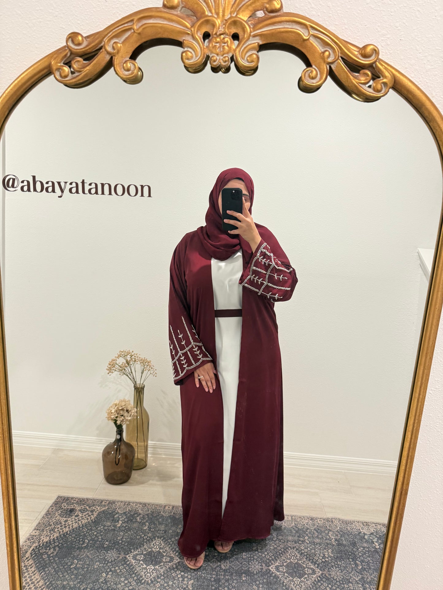 Satin Burgundy Two Piece Abaya with Jewels