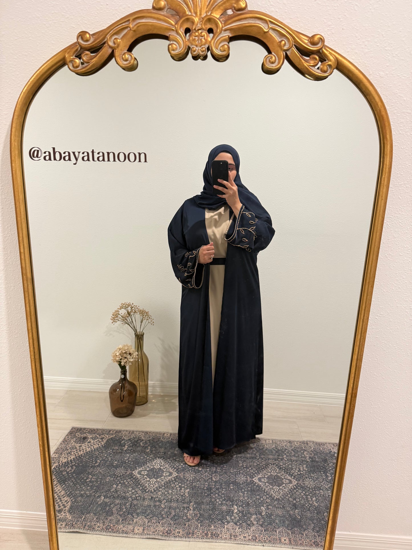Satin Navy 2 Piece Abaya with Flowers on Sleeves.