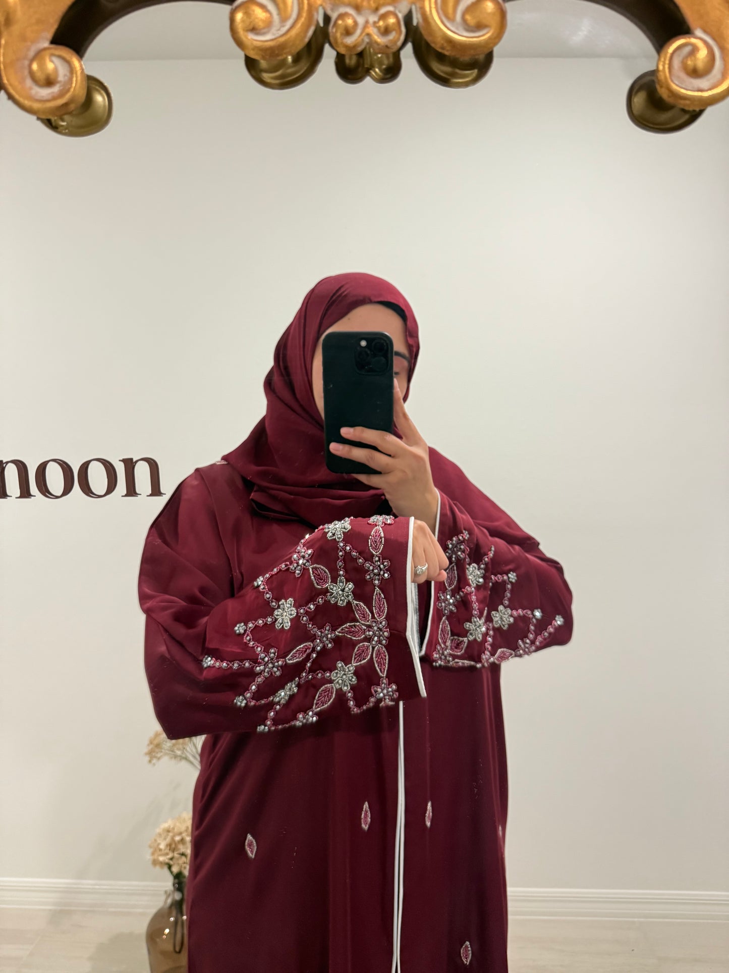 Burgundy One Piece Jeweled Abaya