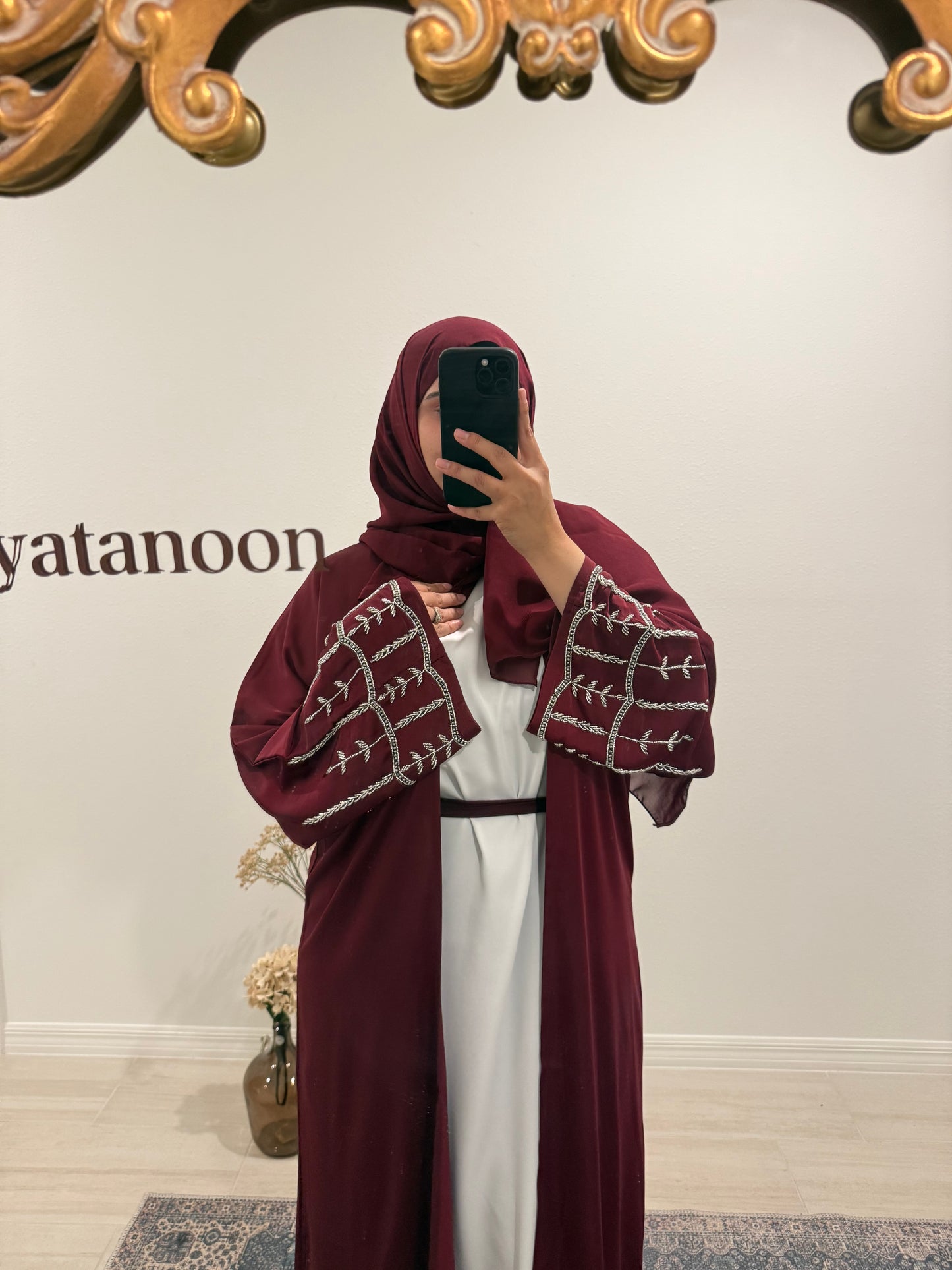 Satin Burgundy Two Piece Abaya with Jewels