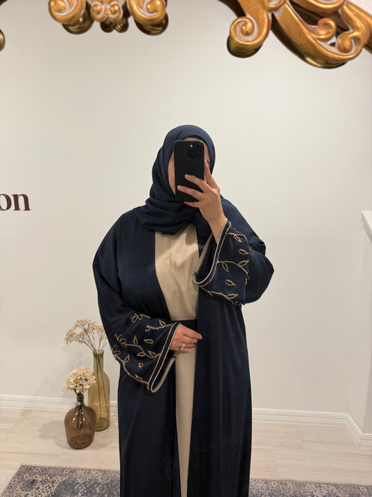 Satin Navy 2 Piece Abaya with Flowers on Sleeves.