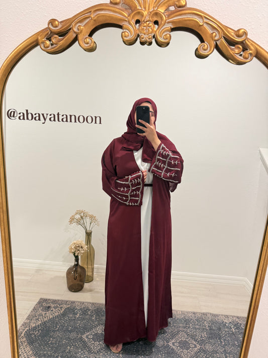 Satin Burgundy Two Piece Abaya with Jewels
