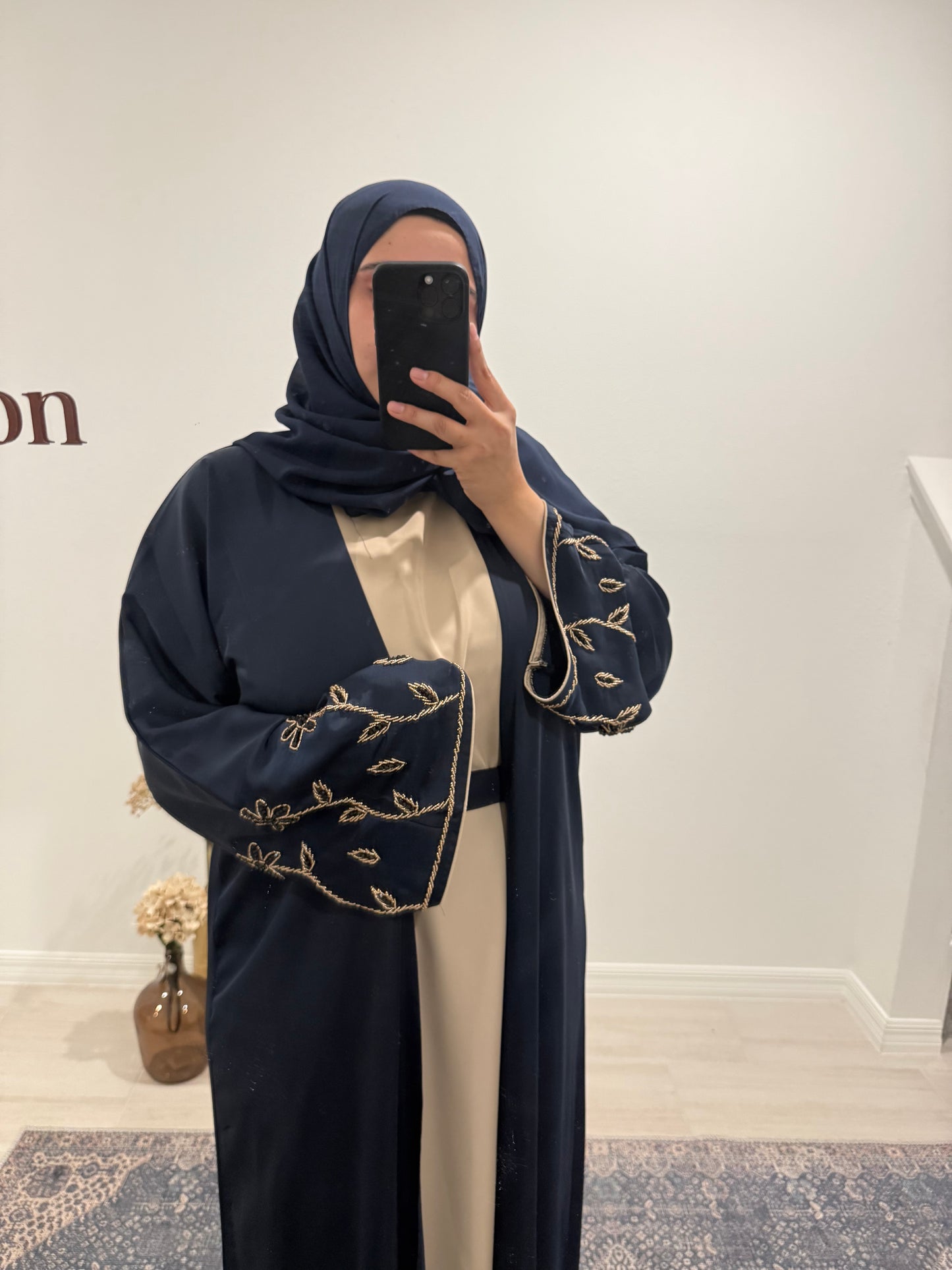 Satin Navy 2 Piece Abaya with Flowers on Sleeves.