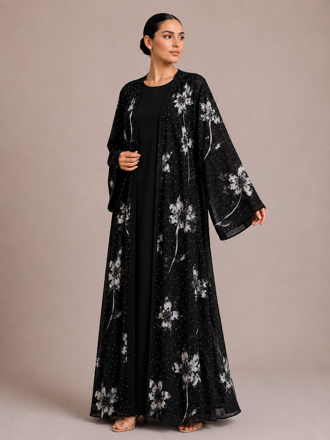 Two Piece Black Flower Abaya