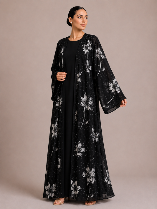 Two Piece Black Flower Abaya
